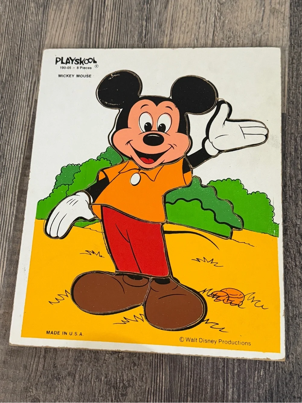 Vintage Playskool Mickey Mouse Wooden Tray Puzzle #190-05 Walt Disney 8 Piece